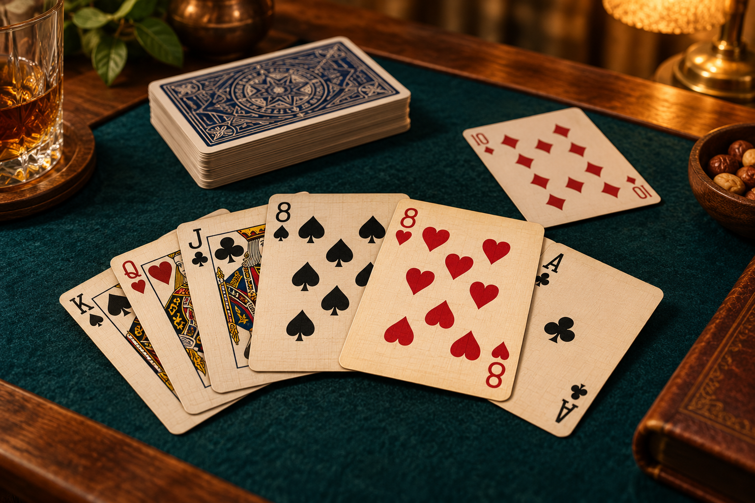 Playing cards on a warmly lit Crazy Eights table